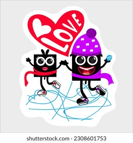 Sticker. Two bunnies skating in winter. Vector characters. Love between the bunnies.