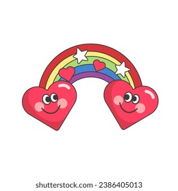 Sticker two enamored hearts on a rainbow and little stars with hearts. Flat style. Vector illustration.