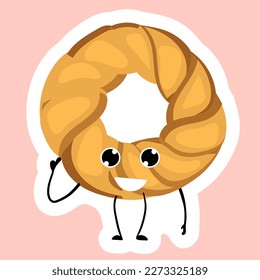 Sticker Ukrainian kalach.Bakery logo. Vector illustration of bakery and pastry.Cartoon character kalach