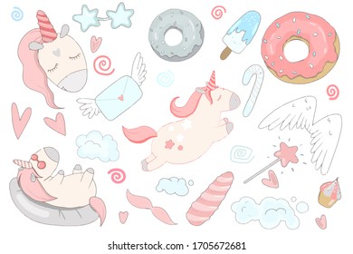 Sticker with unicorn. Cute hand-drawn cartoon set elements of unicorns for design in pink shades. For children's decor. Flat vector stock illustration.