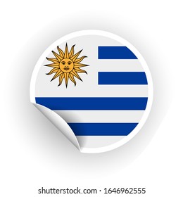 Sticker of Uruguay flag with peel off corner isolated on white background. Paper banner or circle curl label sticker with flip edge. Vector color post note for advertising design.