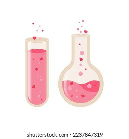 Sticker for Valentine`s Day. Vector set of transparent glass chemical laboratory test tubes isolated on white background, laboratory beakers. 