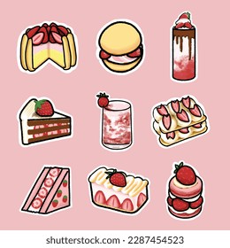 A sticker of various desserts including a strawberry and cake