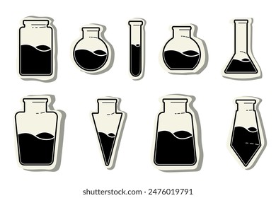 Sticker vector drawing of glass tubes, flasks for chemical experiments. Glass flask for alchemy, magic drinks. A set of flasks for the design of magical rituals.