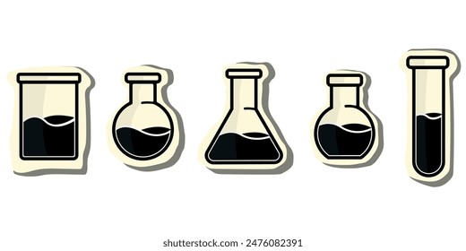 Sticker vector drawing of glass tubes, flasks for chemical experiments. Glass flask for alchemy, magic drinks. A set of flasks for the design of magical rituals.