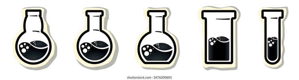 Sticker vector drawing of glass tubes, flasks for chemical experiments. Glass flask for alchemy, magic drinks. A set of flasks for the design of magical rituals.