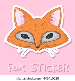 Sticker Vector hand-drawn painted fox muzzle on pink background. Ginger fox face with red fluffy strands. Illustration cute cute foxes with big eyes and ears