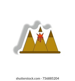 Sticker Vector illustration of volcano explosion between the mountains in sticky style