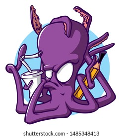 Sticker Vector octopus with a drink and pencil Illustration on white background. Cartoon stylized violet purple comic octopus. T-shirt print design 