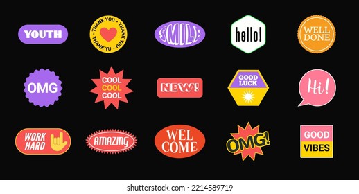 Sticker Vector Pack retro icono de etiqueta feliz. Diseño de conjunto de parches adhesivos, maqueta de emoji hipster pop de moda