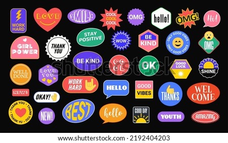 Sticker Vector Pack retro badge cool happy label icon. Sticker patch set design, trendy pop graphic hipster emoji mockup