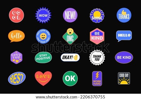 Sticker Vector Pack retro badge cool happy label icon. Sticker patch set design, trendy pop graphic hipster emoji mockup