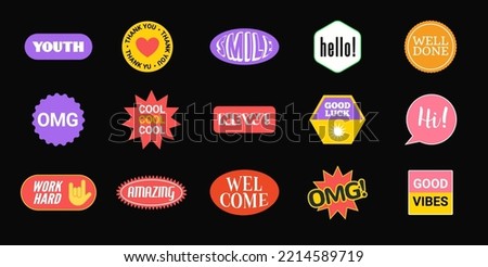 Sticker Vector Pack retro badge cool happy label icon. Sticker patch set design, trendy pop graphic hipster emoji mockup
