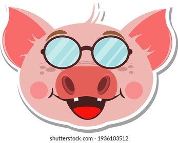 Sticker vector pig with glasses. Animal-themed illustration on a white background.