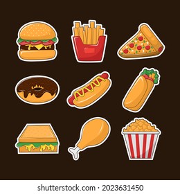 Sticker Vector set of Fast Food or Junk Food Icon Illustration Design in Cartoon Style, Doodle meals: Hamburger, french Fries, Pizza, Donuts, Hot Dogs, Kebab, Bread, sandwich, Fried Chicken, popcorn.