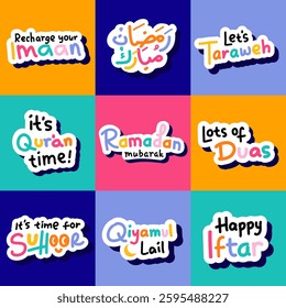 Sticker vector set of ramadan tradition name with colorful hand-writing typography and calligraphy style on colorful backgrounds. Elements badges of Ramadan celebration in cute doodle style