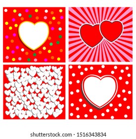 Sticker vector set for Valentine's day with hearts, rays, polka dot, confetti.