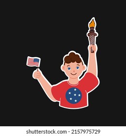 Sticker Vector Of Smiley Boy Holding Flag And Flaming Torch On Black Background.