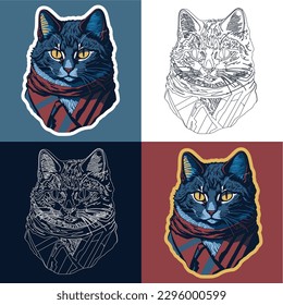 Aufkleber, Vektorgrafik, stylische und graue Katze mit rotem Schal auf hellblauem Hintergrund, Vermeer-Stil, hohe Qualität, kinematische Beleuchtung