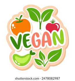 Sticker with vegetables, vegan word, and plantrelated keywords, fruits, food