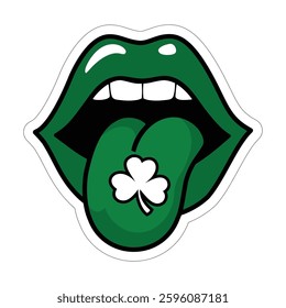 sticker vibrant forest green cartoon lips with clover