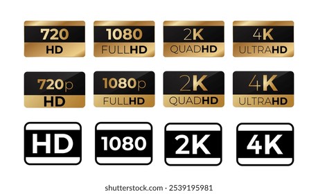 Sticker video format resolution. Low and high quality image ultra gold technology for cinemas and home vector use