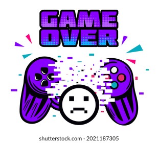 Sticker of video game gamepad with glitch effect on white background. Cyberpunk style template. Concept of virtual reality. Cyber sport online tournament. Flat cartoon vector illustration