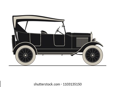 Sticker Of Vintage Car. Side View. Flat Vector.