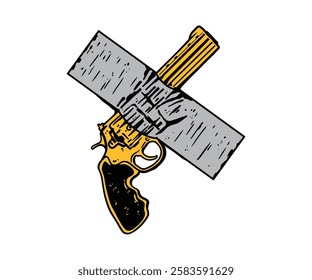 sticker vintage design vector logo classic drawing illustration merchandise badge sketch
Cartoon graphic tattoo brand cover revolver gun duct taped tape vintage art retro yellow machine pistol war