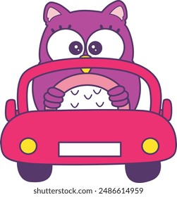 Sticker of violet owl daily activities.
Emoticon of cute owl in daily life.
A cute owl driving a red car.