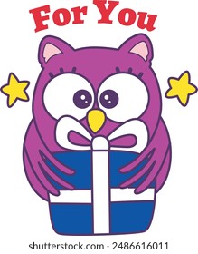 Sticker of violet owl daily activities.
Emoticon of cute owl in daily life.
A cute owl bought a blue gift with text 'For You'