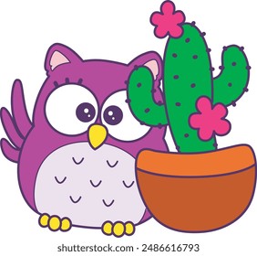 Sticker of violet owl daily activities.
Emoticon of cute owl in daily life.
A cute owl bought it cactus plant.