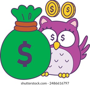 Sticker of violet owl daily activities.
Emoticon of cute owl in daily life.
A cute owl bought a sack of money with dollar eyes.