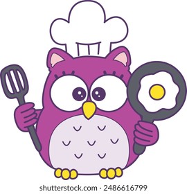 Sticker of violet owl daily activities.
Emoticon of cute owl in daily life.
A cute owl was cooking egg with spatula.