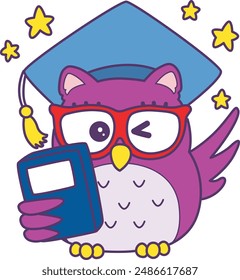 Sticker of violet owl daily activities.
Emoticon of cute owl in daily life.
A cute owl was lecture with book, hat and red glasses.