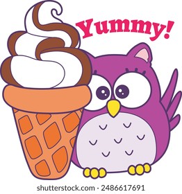 Sticker of violet owl daily activities.
Emoticon of cute owl in daily life.
A cute owl bought it ice cream with text 'Yummy!'