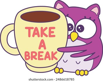 Sticker of violet owl daily activities.
Emoticon of cute owl in daily life.
A cute owl take a break with a cup of coffee.