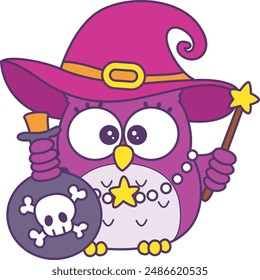 Sticker of violet owl daily activities.
Emoticon of cute owl in daily life.
A cute owl wering witch costume with magic potion, stick and star necklace.