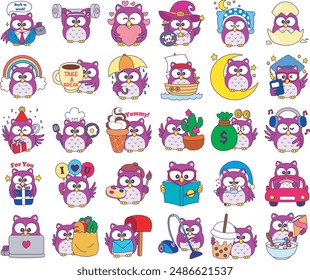 Sticker of violet owl daily activities.
Emoticon of cute owl in daily life.