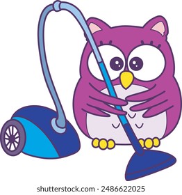 Sticker of violet owl daily activities.
Emoticon of cute owl in daily life.
A cute owl cleaning her house with vacuum cleaner