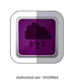 sticker violet square button with silhouette cloud with lightnings vector illustration