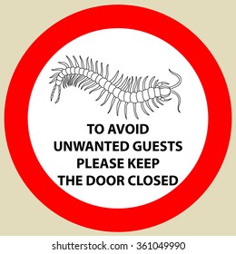 Sticker with Warning sign insect icon centipede . Silhouette hand-drawn centipede.  Vector illustration