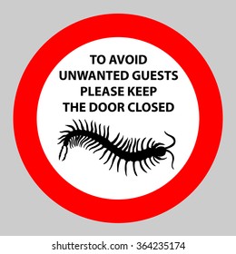 Sticker with Warning sign insect icon centipede . Silhouette hand-drawn centipede.  Vector illustration
