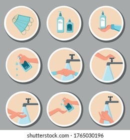 Sticker, Wash your hands icon avoid contamination, the worker must wash his hands, returning to work before leaving the room . Rules. Disinfectant, hand gel, water. Protect yourself from viruses.