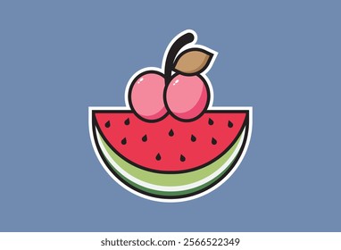 sticker Watermelon and lychee fruit cartoon icon vector illustration, fruits vector in attractive cartoon form. Every element can be changed as needed