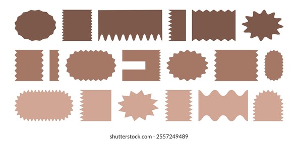 Sticker wavy shape mocha mousse colour, stamp rectangle, oval border icon, wave edge frame set. Star burst label, price tag corrugated, promo badge isolated on white background. Vector illustration