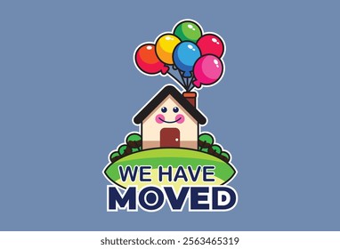 sticker We've Moved sign. The clipart image is presented against a white background and prominently showcases a hand truck or dolly along with several boxes