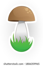 Sticker of white mushroom in cartoo style isolated on white. Harvest in forest. Autumnal illustration