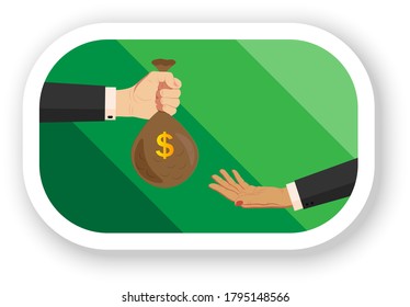 Pegatina con contorno blanco y sombra. Una mano sostiene, da y presta una bolsa de dinero, dólares. El gesto de segunda mano pide dinero. Depósitos, préstamos, finanzas y banca. HQ vectorial aislado