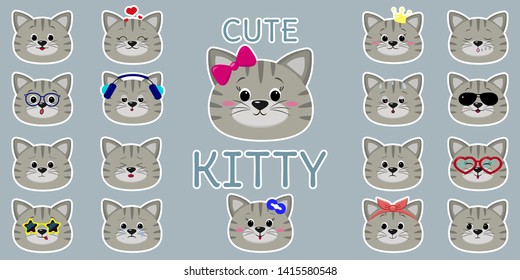 Sticker in white stroke, cute gray cat-striped kitten head, mega set of different emotions and accessories. Cartoon style, flat design, vector illustration.
